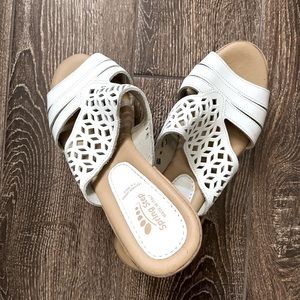 Spring Step laser cut open toe slip on wedges